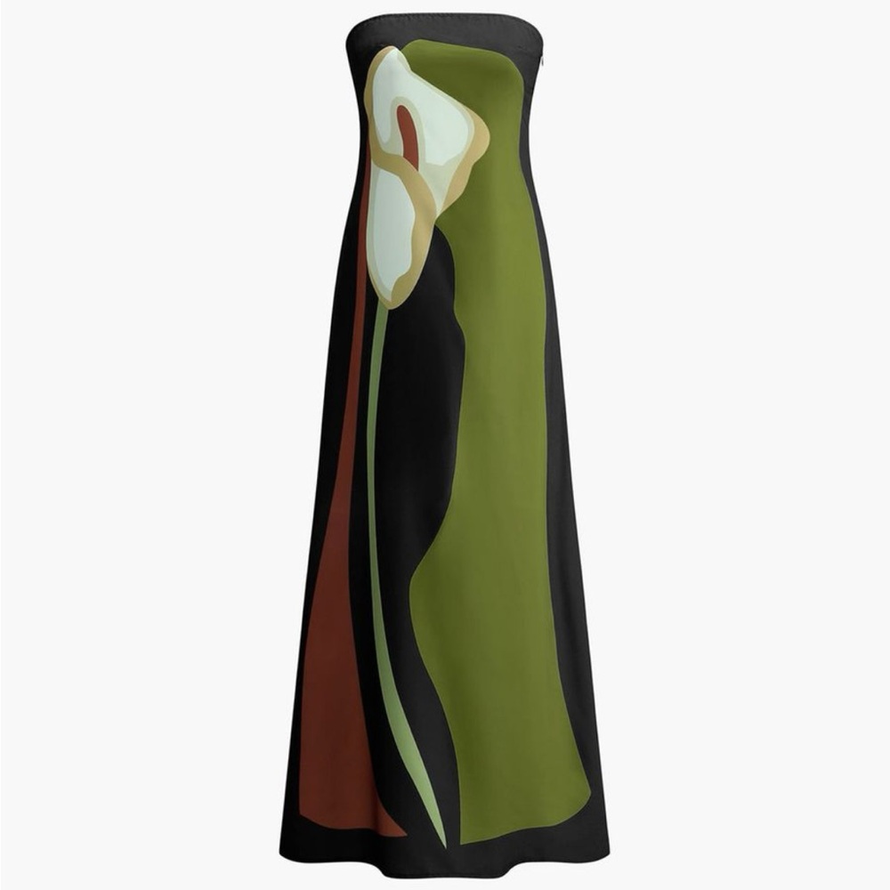 Elegant Floral Strapless Dress - Black and Green
